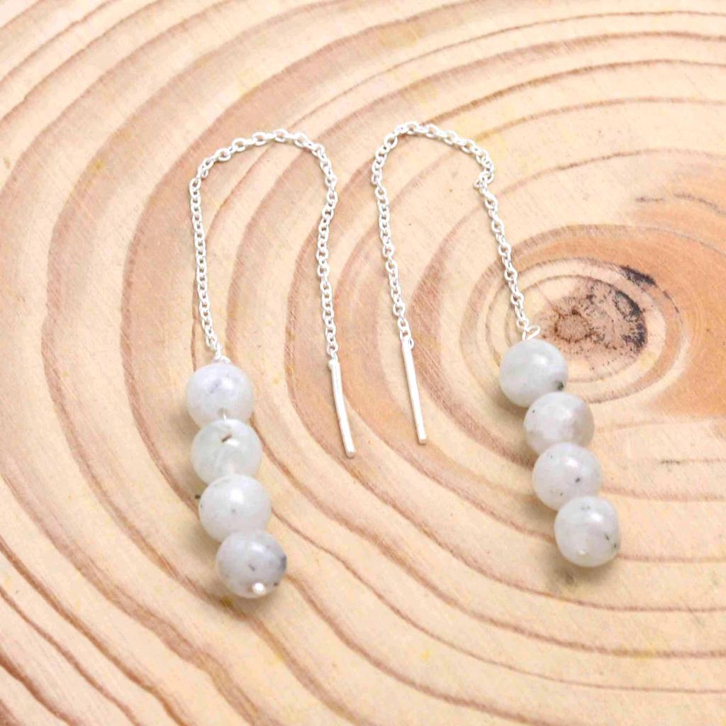Moonstone 925 Silver Threader Earrings, Natural Gemstone Women Handmade Fringe Earrings