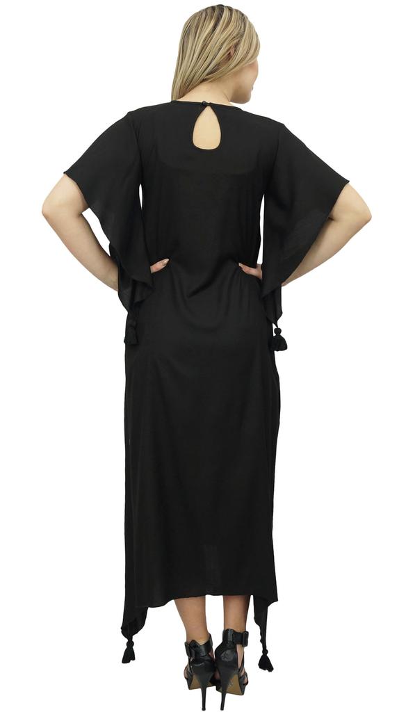 Bimba Women's Sleeve Black Asymmetrical Hem Maxi Dress with Scarf-14