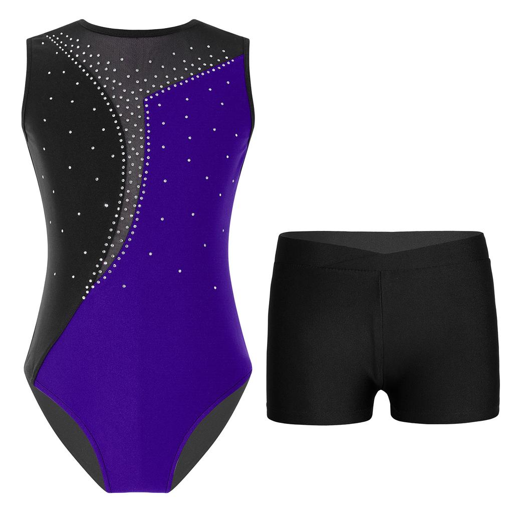 Girls Performance Leotard Sleeveless Round Neck Shiny Rhinestones Contrast Patchwork Design Waistband Shorts Set