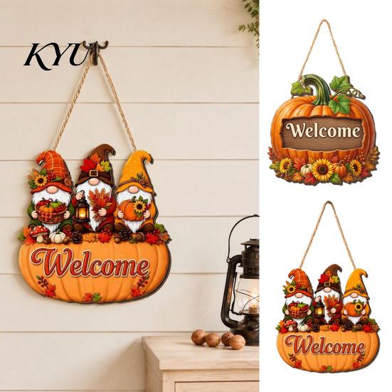 Thanksgiving Holiday Decoration Autumn Pumpkin Gnome Welcome Sign for Front Door, Rustic Wood Hanging Festive Harvest Festival Decor Ornament