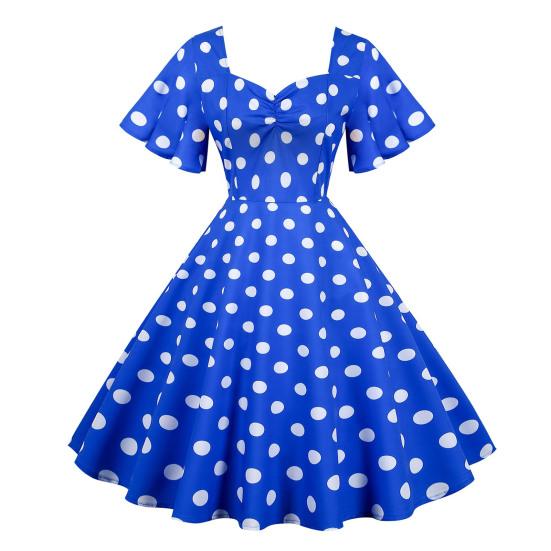 Women Evening Dress Retro Color Matching Dot Print A-line V Neck Big Swing Short Ruffle Sleeves Tight High Waist Back Zipper Party Prom Midi Dress