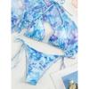 Сексуальный синий Tie Dye комплект из 3 предметов, женский комплект бикини с длинным рукавом и завязками спереди, купальник 2024, купальный костюм с завязками сбоку, стринги, купальник