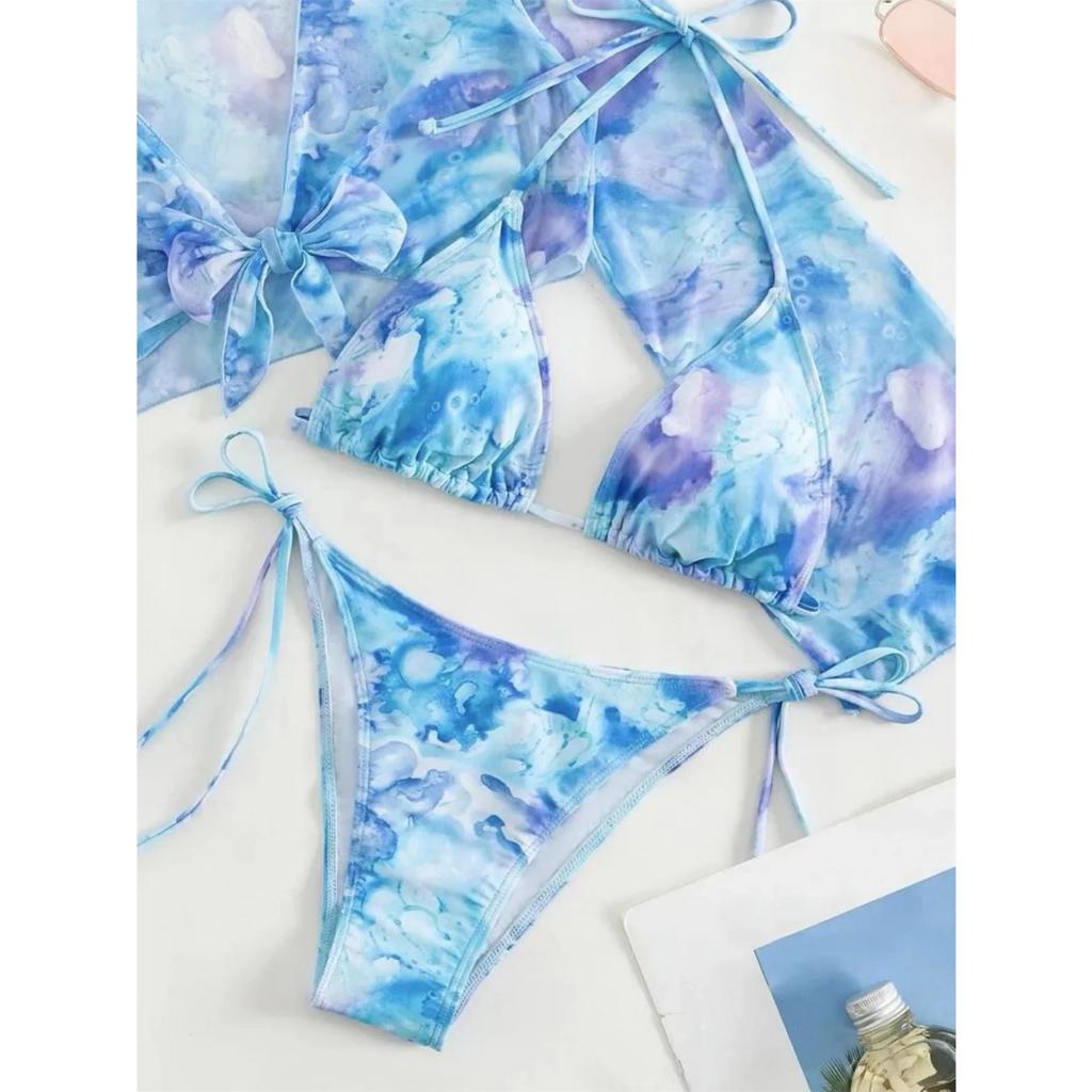 Сексуальный синий Tie Dye комплект из 3 предметов, женский комплект бикини с длинным рукавом и завязками спереди, купальник 2024, купальный костюм с завязками сбоку, стринги, купальник