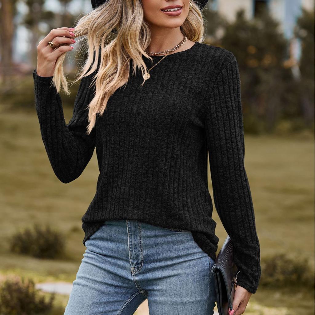 Осенний женский трикотаж Одежда женская повседневная Круглый вырез Матовый полосатый свитер Однотонный топ Длинный рукав Футболка