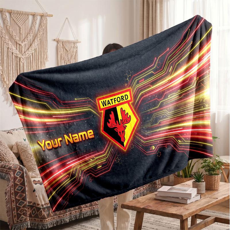 Персонализированный флисовый плед Watford FC с логотипом клуба, с индивидуальным текстом имени, мягкий, теплый, для дома