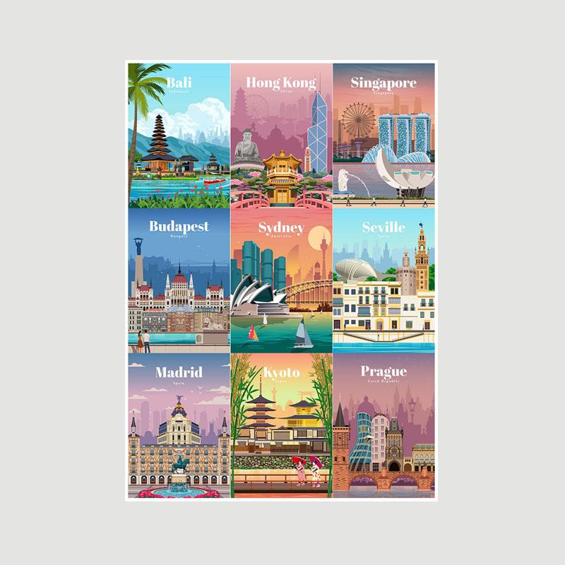 White Paper Cartoon City Landscape Poster Mural London Paris Travel Cities Prints Bedroom Decoration Painting Funny Abstract Wall Art Decor