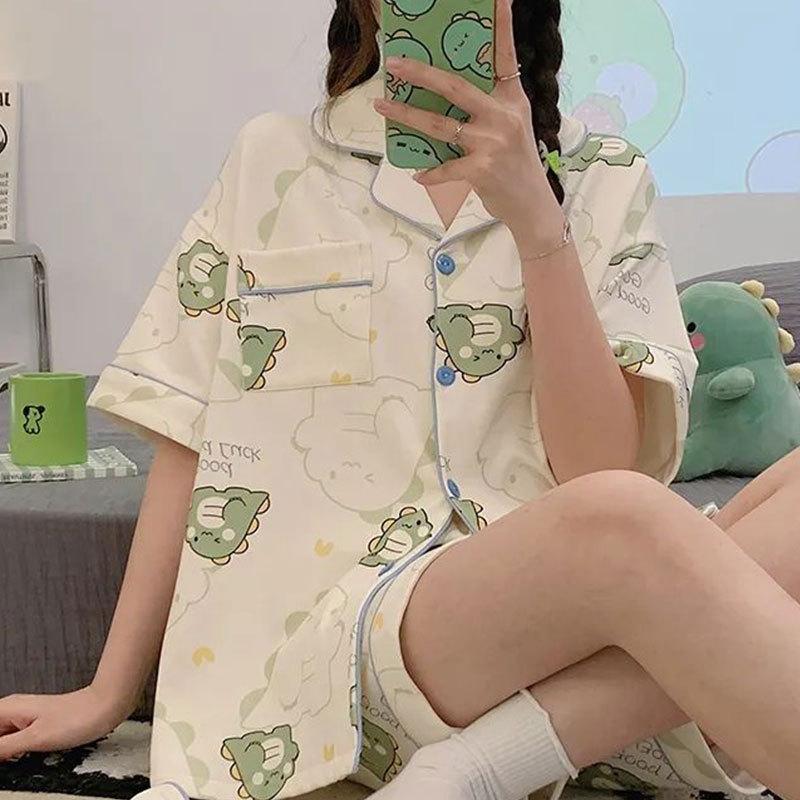 WeChat new short-sleeved pajamas women's summer lapel cute geometric loungewear Japanese and Korean popular shorts set