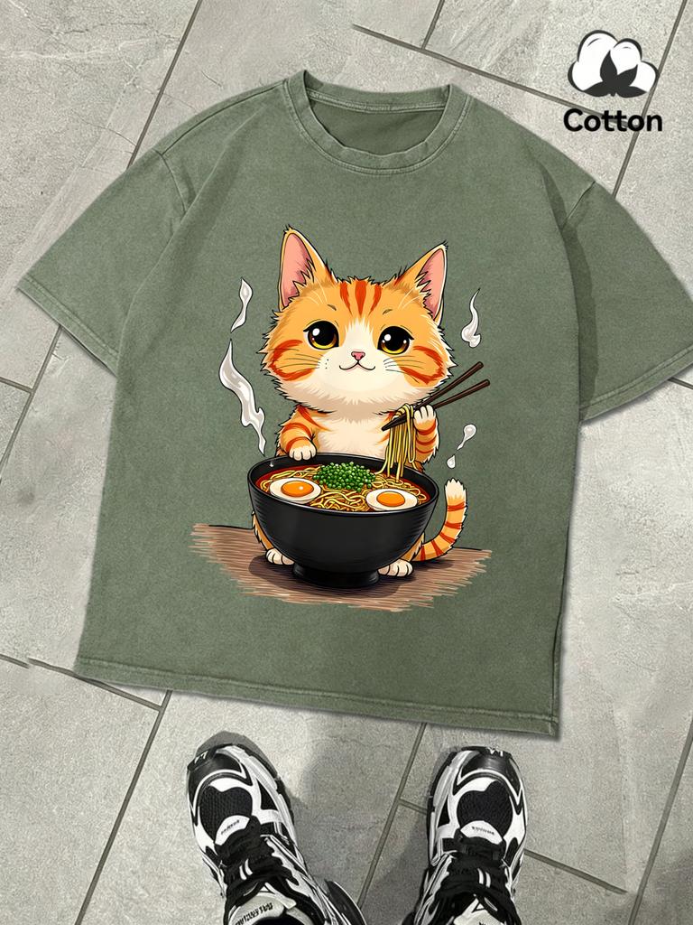 Kitten Who Likes To Eat Lamian Noodles Snow Washed TShirt Mans Cotton Tee AllMatch Retro Clothing Unisex ONeck Loose Top