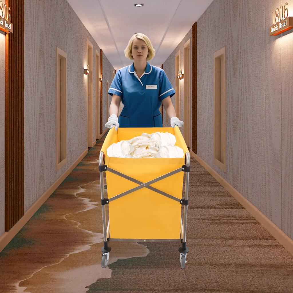 Foldable Commercial Laundry Cart with Wheels, Yellow, 100kg Capacity, Heavy Duty Rolling Hamper, Collapsible Laundry Sorter