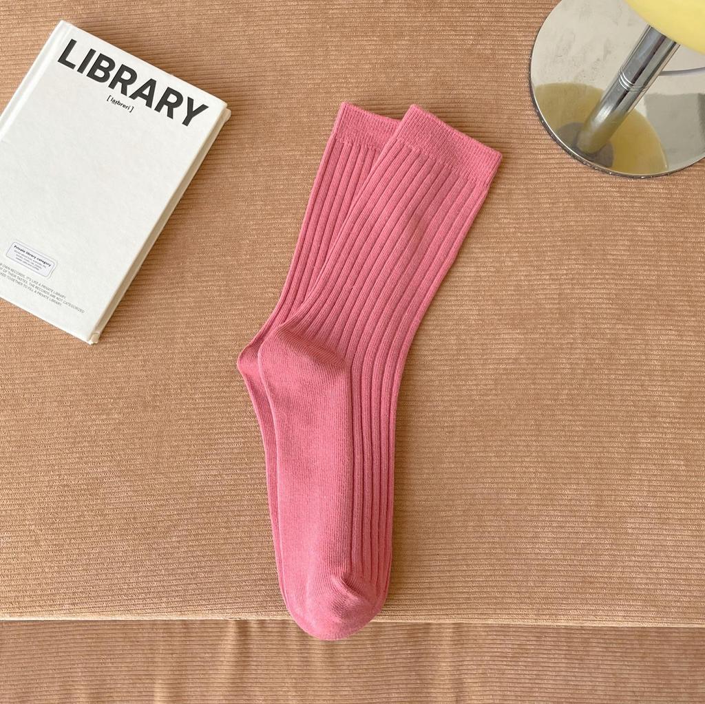 Women's Pure Cotton Mid-Calf Socks, Korean Style Trendy Solid Color, Double-Needle, Autumn/Winter Vertical Stripe, Knee-High Slouch Socks