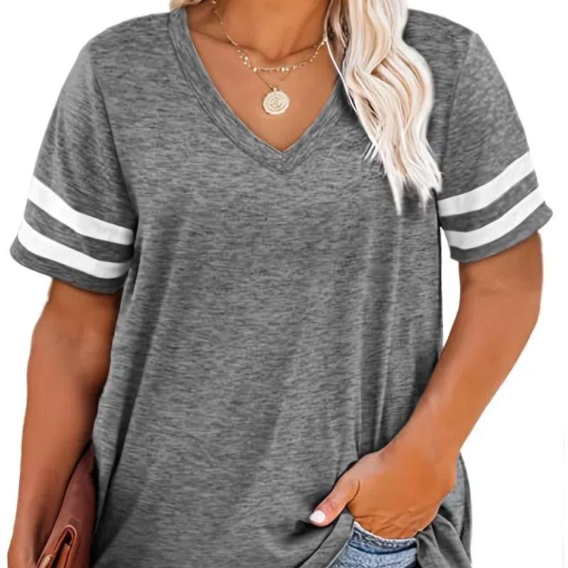 Футболка больших размеров с цветным V-образным вырезом, женская, слегка эластичная, с коротким рукавом, повседневная футболка больших размеров, женская одежда больших размеров
