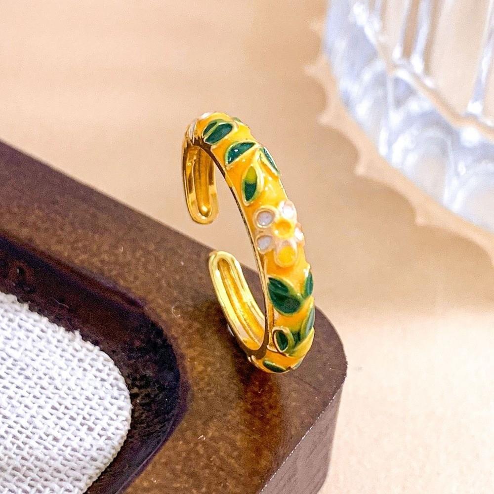 Bohemian-Style Colorful Enamel Flower Rings Classic Gold Plated Ring  Female