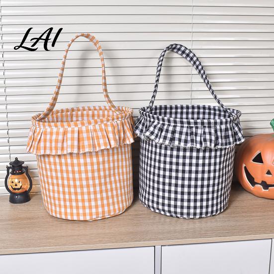 Festive Party Favor Holders Halloween Basket Plaid Ruffle Trick or Treat Candy Bucket with Handle Baskets for Kids Reusable Gingham Fabric