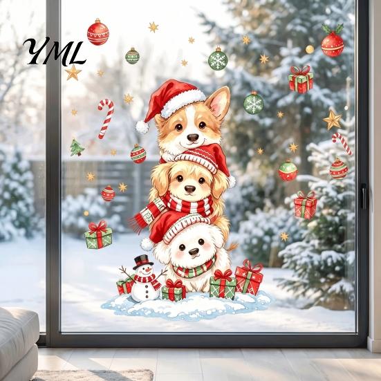 Indoor Christmas Wall Ornaments Decals, Watercolor Stacked Dogs Stickers, Self?Adhesive PVC Xmas Holiday Decor for Living Room Puppy Stickers