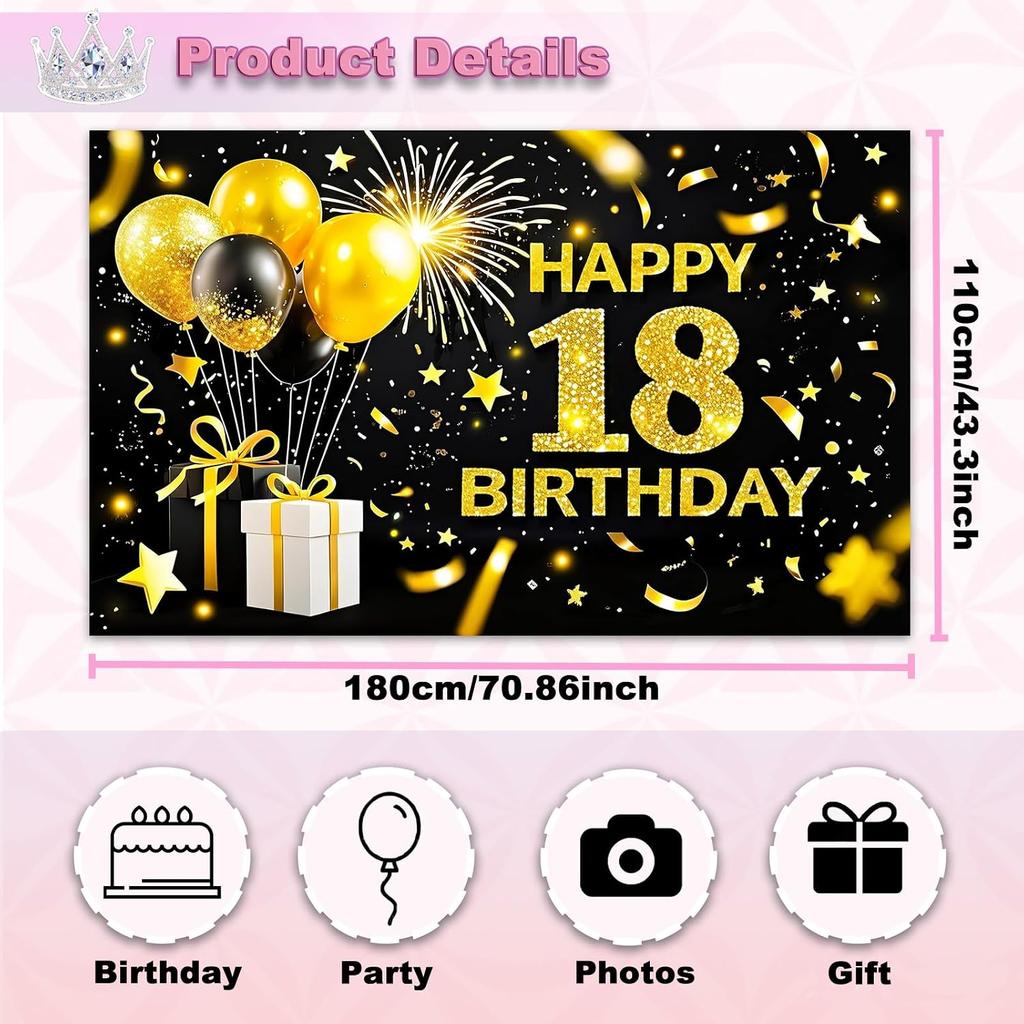 IVN Happy 18th Birthday Backdrop Banner 71x43 Inch Black and Gold Eighteenth Birthday Party Decorations Photography Back