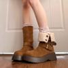 Осень Зима Хлопок Женские Рыцарские Сапоги Мода Пряжка на Ремне Толстый Каблук Обувь Женские Винтажные Короткие Плюшевые Ботильоны до Середины Икры