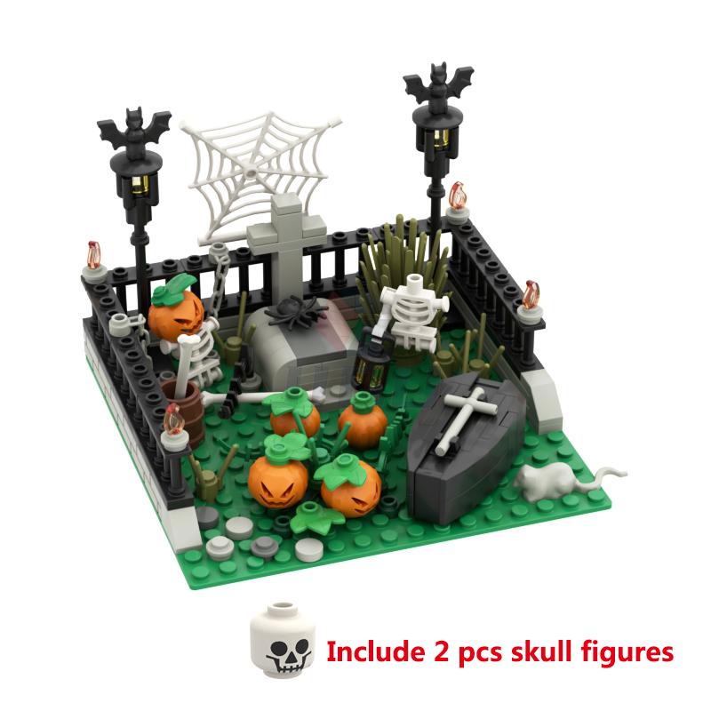 Детская блочная игрушка на Хэллоуин Подарок MOC Сцена с тыквой Модель Вампир квадратноголовый Модель кладбища Крест гроб летучая мышь Паук Череп Человек