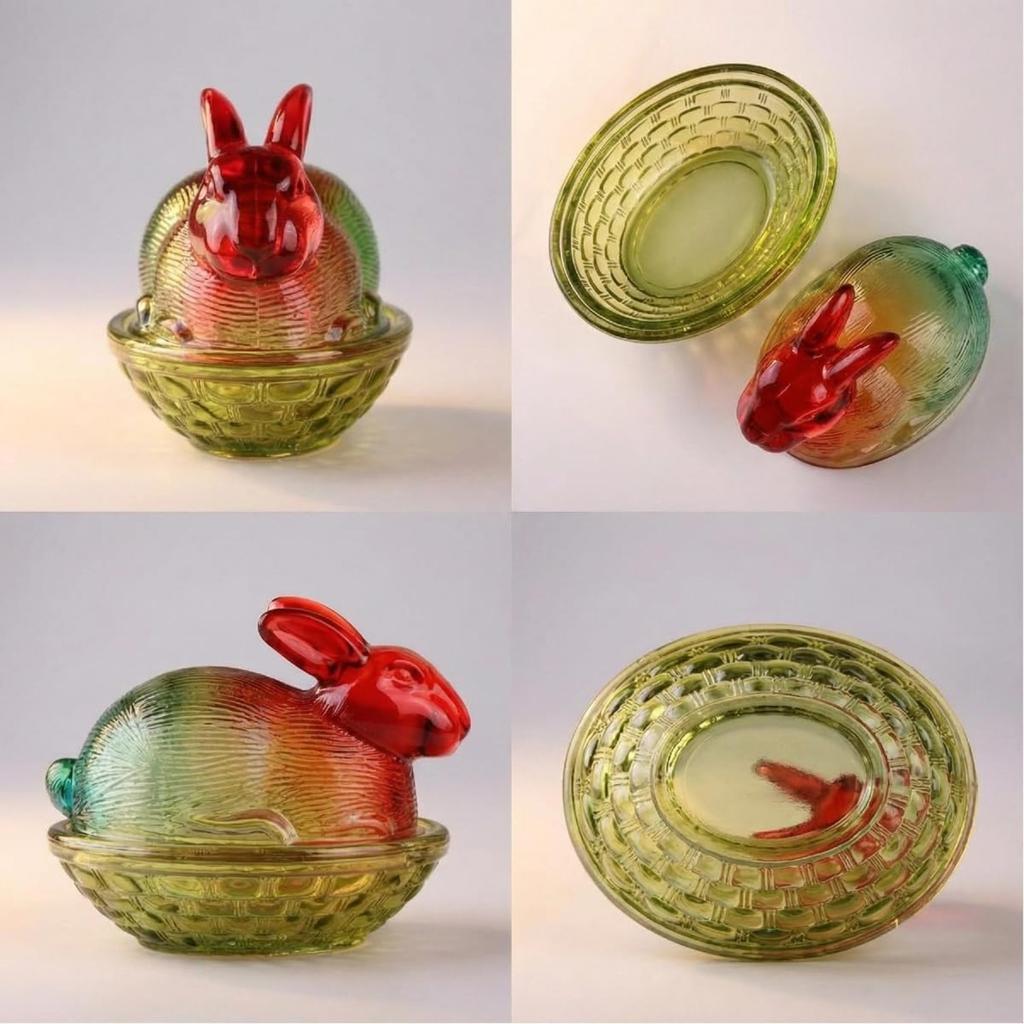 Easter Bunny Candy Dish with Lid - Colorful Iridescent Crystal Glass Candy Jar, Trinket Box & Cookie Jar for Easter Party, Table Decoration