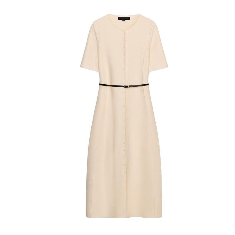 Spring and Summer New Women's Clothing Minimalist Style Decorated Row Button with Belt Short Sleeve Round Neck Midi Skirt Dress 9598058