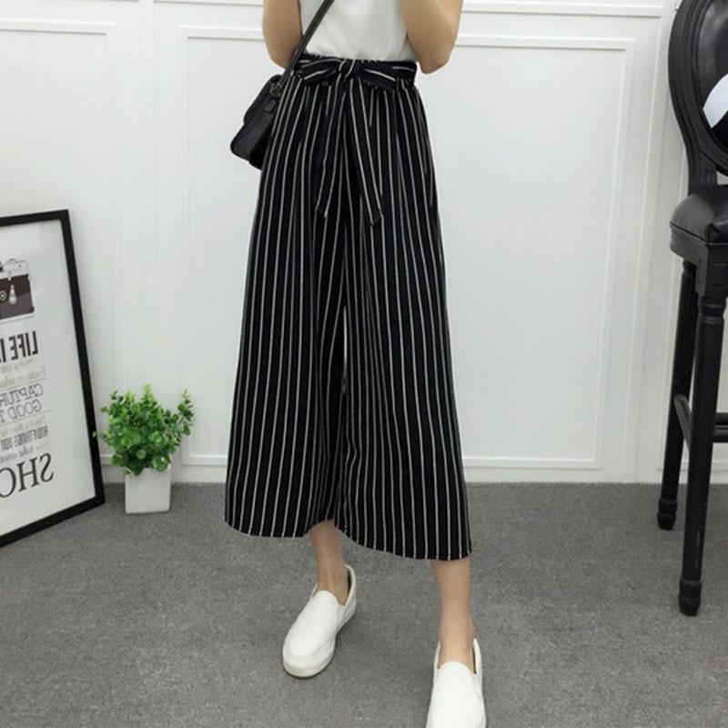 Women High Waist Elastic Striped Culotte Pants With Elegant Wide Leg Flare Design For Casual Wear