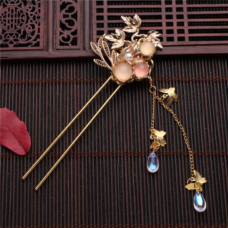 Crystal Bridal Ancient Style Chinese Hanfu Tassel Hairpin Pearl Hair Fork Flower Hair Sticks