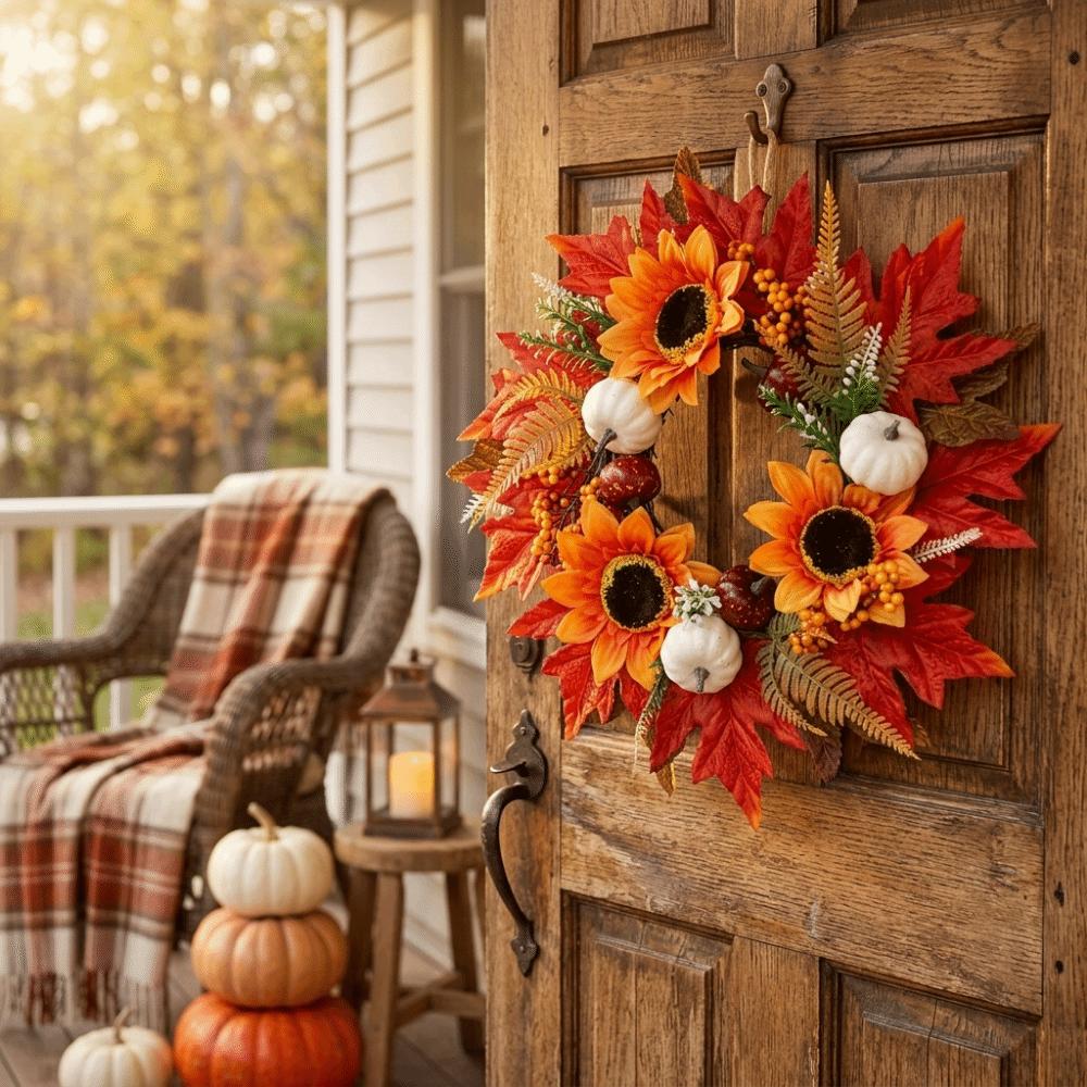 Thanksgiving Halloween Christmas Door Wreath Artificial Sunflower Wreath Indoor Outdoor