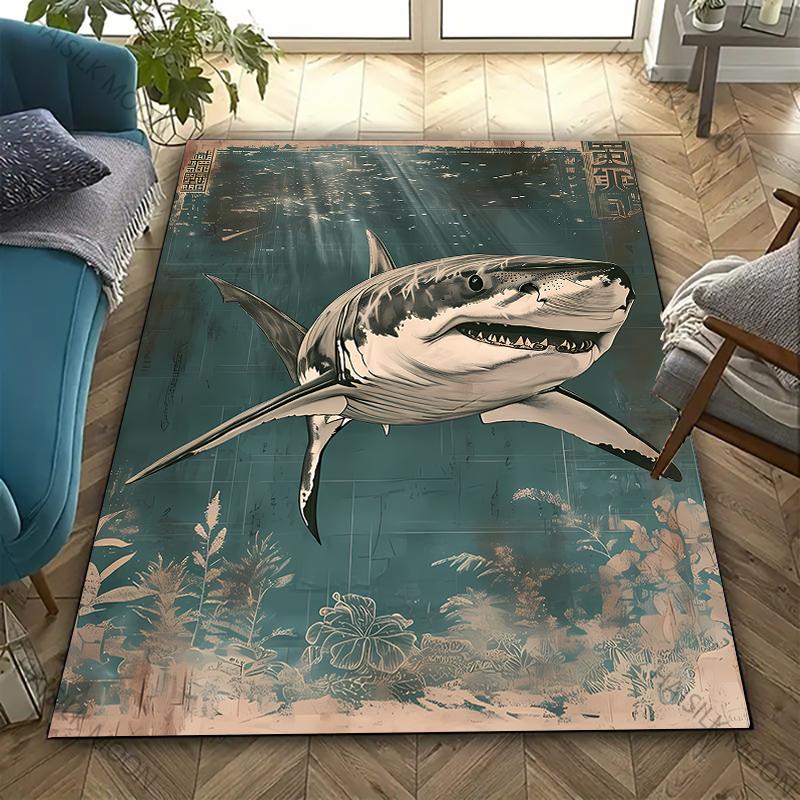 3D Shark Theme Printed Carpet Edgy Nautical Horror Statement Rug for Living Rooms Bedrooms, Office Areas, Durable Washable Mats