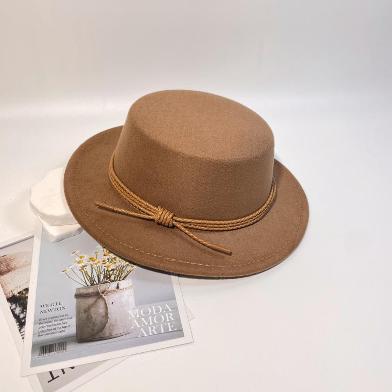 New leather rope flat-top woolen top hat women's autumn and winter temperament elegant and fashionable versatile flat-brimmed felt hat men's stage