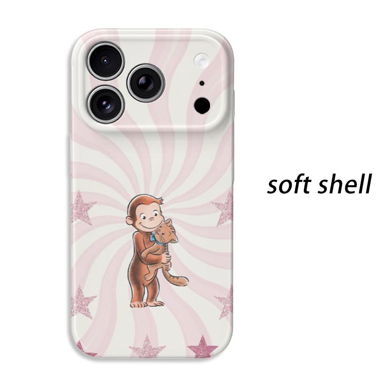 Adorable Cartoon Monkey Hugging Cat Swirl Art Film Aesthetic Protective Shockproof Bumper Case Cover For iPhone 14 15 16 Pro Max Plus