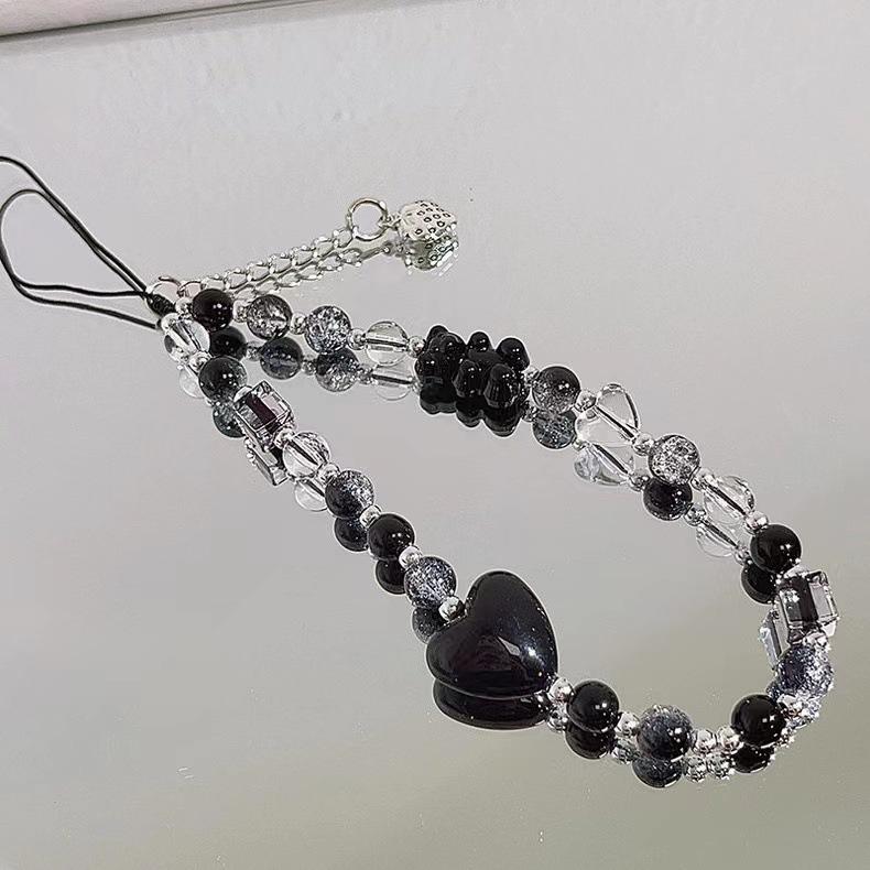 Y2k Black Heart Pearl Beaded Phone Chain Hanging Cord Phone Charms Phone Strap Summer Handmade Mobile Lanyard Jewelry Gift 1