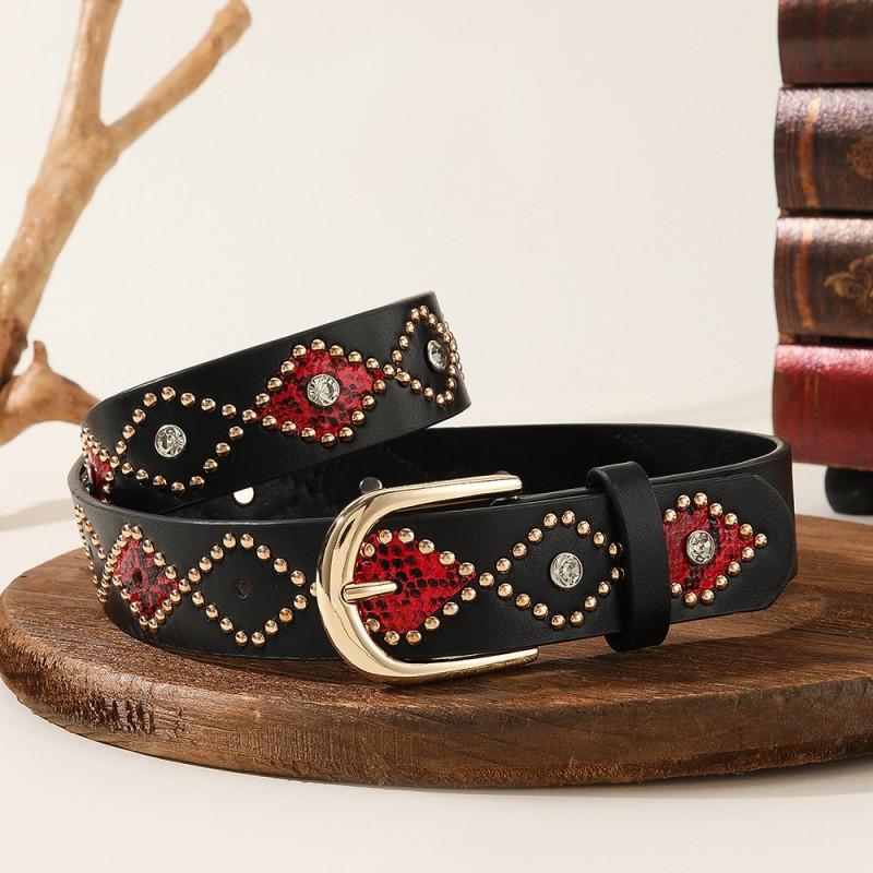 Womens Y2K Punk Belt Snake Patchwork Rhinestone Rivet Alloy Buckle Fashion Waistband