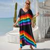 Plus Size Boho Cover Up, Women's Plus Painting Print Bat Sleeve V Neck Split Hem Maxi Cover Up Dress