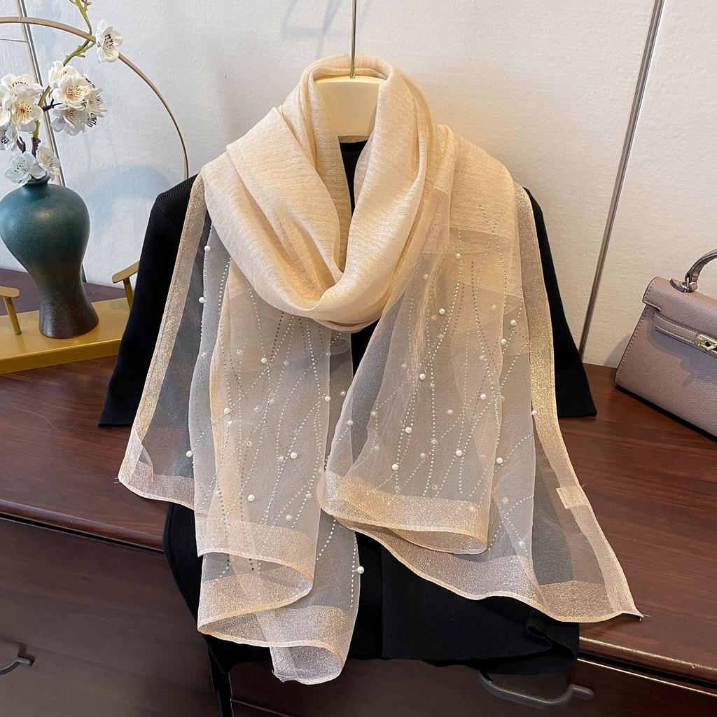 New Fashion and Versatile Solid Color Ethnic Style Veil Scarf Scarf for Women Wavy Pattern Artificial Diamond Iron Scarf for Women
