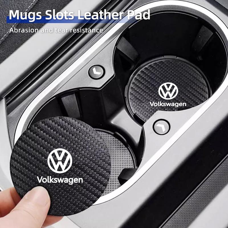 2Pcs Car Leather/Carbon Fiber Water Cup Coasters Anti-Slip Pads For VW Passat Golf Tiguan Polo Scirocco Jetta CC Touareg Touran QO9