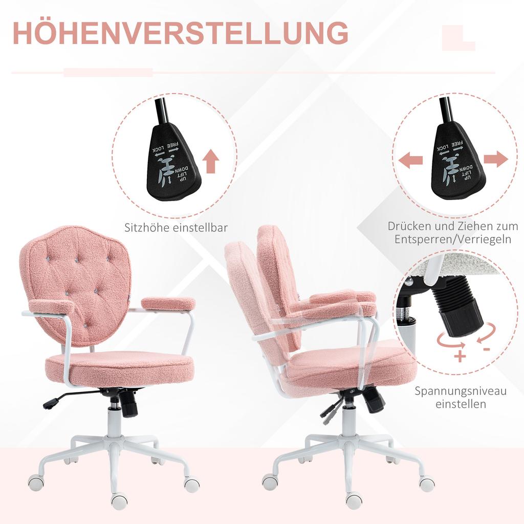 Beautiful Office Chair with Buttoned, Soft Cover, Height Adjustable, Pink
