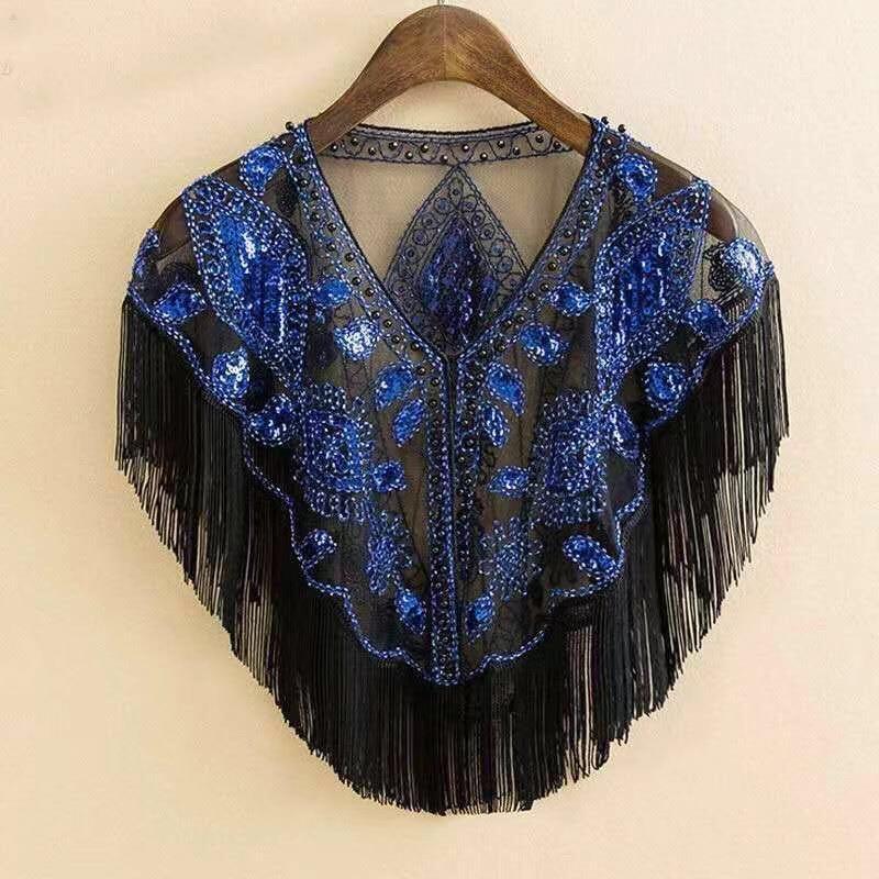 Женская шаль 1920-х годов, расшитая блестками, с кисточками, жемчужной бахромой из бисера, прозрачная сетчатая накидка, болеро, накидка-накидка в стиле Гэтсби