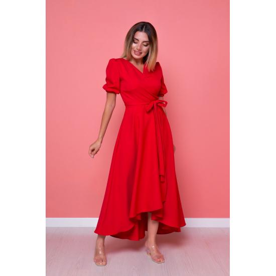 Женское расклешенное платье асимметричного кроя с поясом и двубортным воротником длины миди