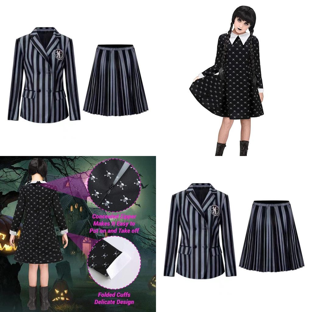Wednesday Addams Cosplay Costume Girls Kids Dress For Halloween Xmas Party