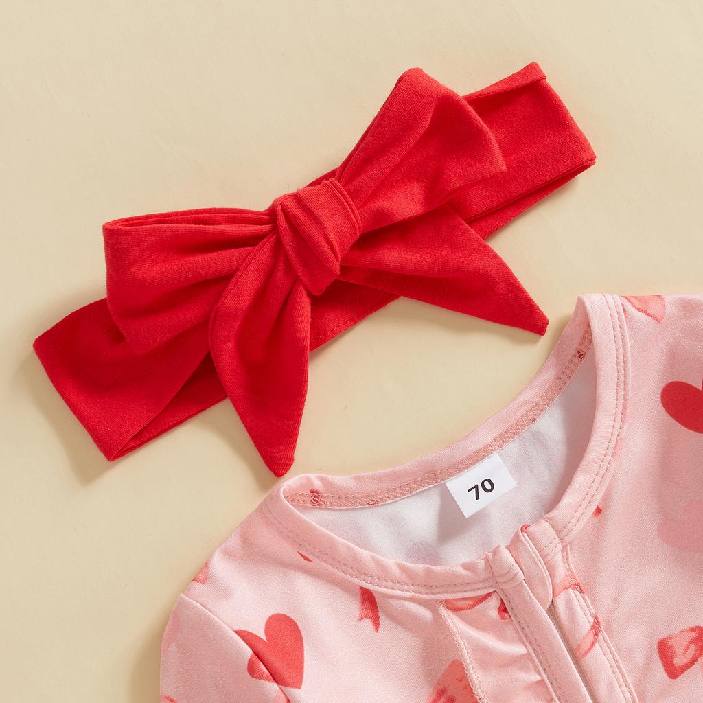 Baby Girl Valentine 's Day Outfits Long Sleeve Heart Bow Print Ruffle Jumpsuit with Headband Set Newborn Clothes