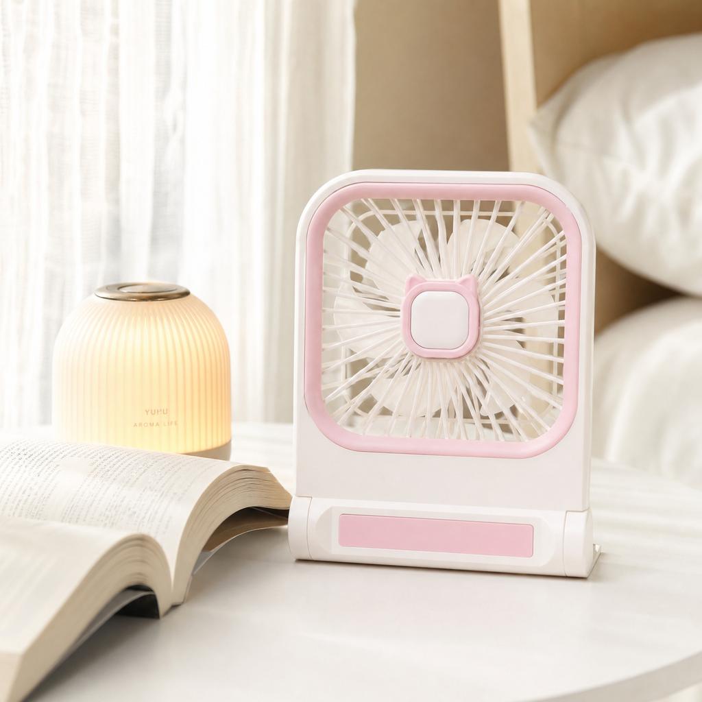 Square Desktop USB Rechargeable Fan with Cat Ear Design Three Speed Adjustable Table Fan Wall Mountable Portable for Home Office Outdoor Camping