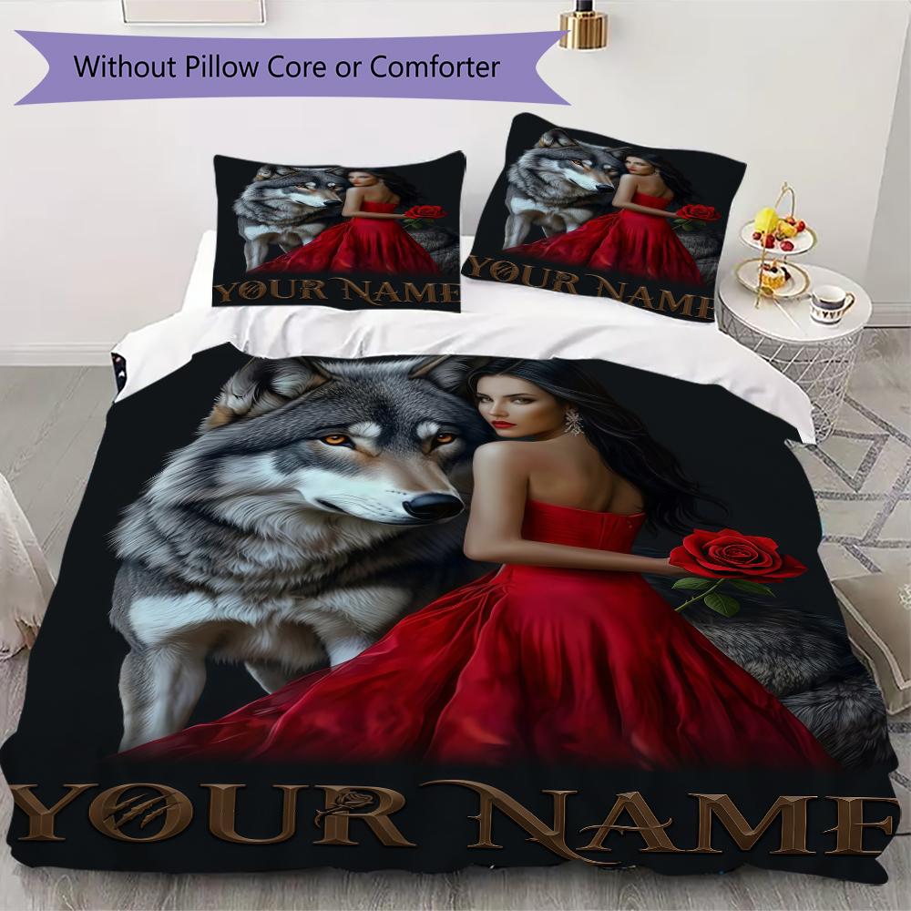 Custom Name Wolf Pack Moonlit Forest Bedding,Quilt Set Quilt Cover Pillowcase Home Birthday Gift(1 * duvet cover + 2 * pillowcase, without core)_lx