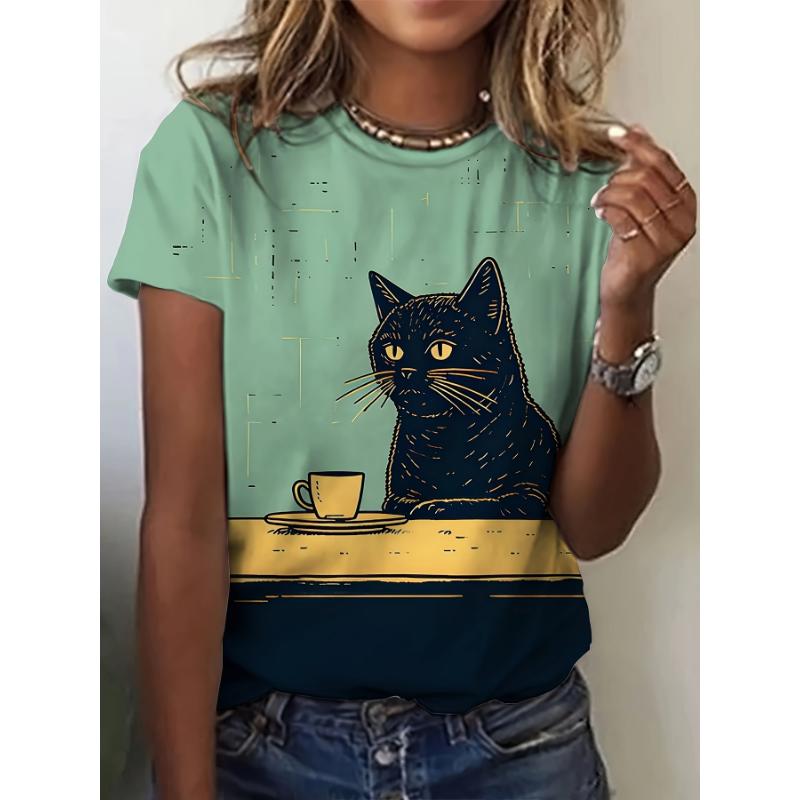 Women's T-Shirt Cat Print Design Harajuku Casual Short Sleeved Top Fashionable Trend Plus Size Women's Clothing