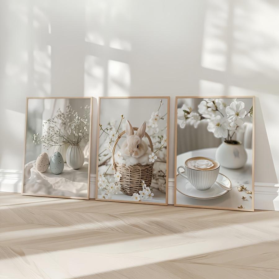 3pcs/set Bunny Easter Eggs Coffee Canvas Printing Spring Flowers and Plants Wall Art Posters for Modern Nursery Home Decor Gifts