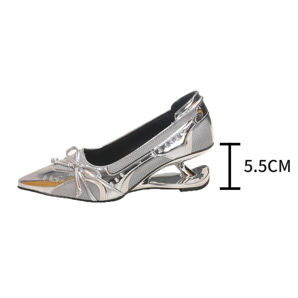 Модные туфли-лодочки Женская обувь Бант Слипоны Туфли с мелким вырезом Свадебная вечеринка Острый носок Высокие каблуки Лодочки Женские Специальной формы каблук