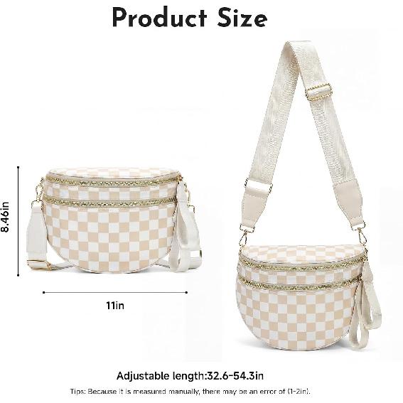Checkered Crossbody Bag Nylon Bum Bags for Women Spacious Handbags Checkered Purse Fanny Packs with Shoulder Strap