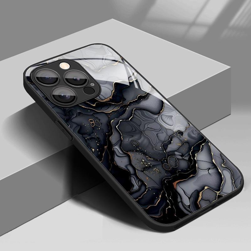 Чехол для iPhone 17 Pro Max 16 15 14 13 12 11 7 8 Plus 17Air 16E XR XS X Черный Мраморный Градиентный Рисунок Закаленное Стекло Чехол для Телефона