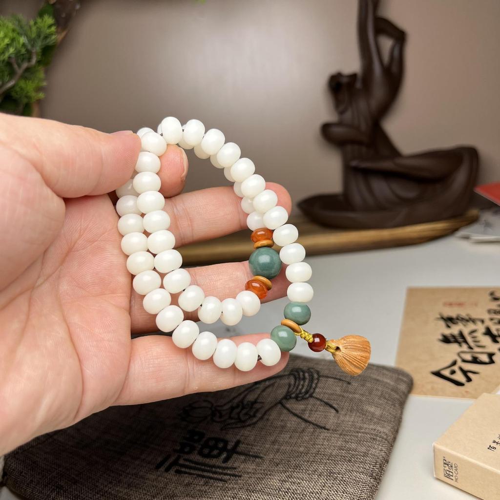 Cream Yellow Jade Bodhi Root Bracelet for Men and Women, Buddhist Beads, Cultural Toys, Bodhi Abacus Beads, Double Circle Cultural Toys, Lotus Pods