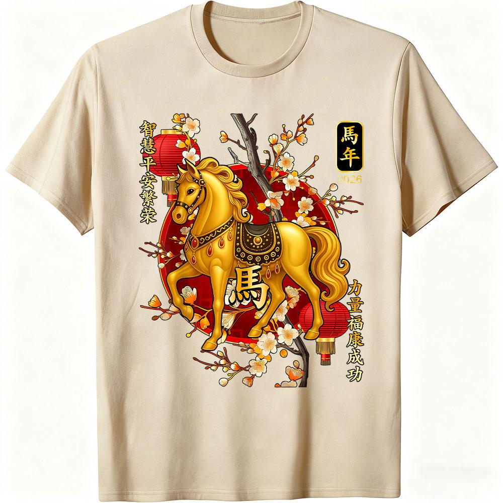 2026 New Year Leisure Fashion Printed Tshirt 10 Cotton HighQuality Male Tshirt for The Year of The Horse Short Sleeve