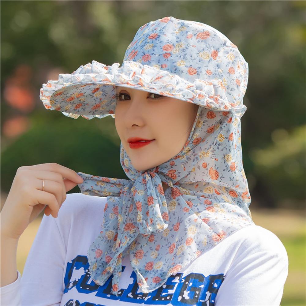Printing Tea Picking Hat UV Protection Sun Protection Sunshade Shawl Cap Wide Brim Face Mask Neck Protection Hat Summer