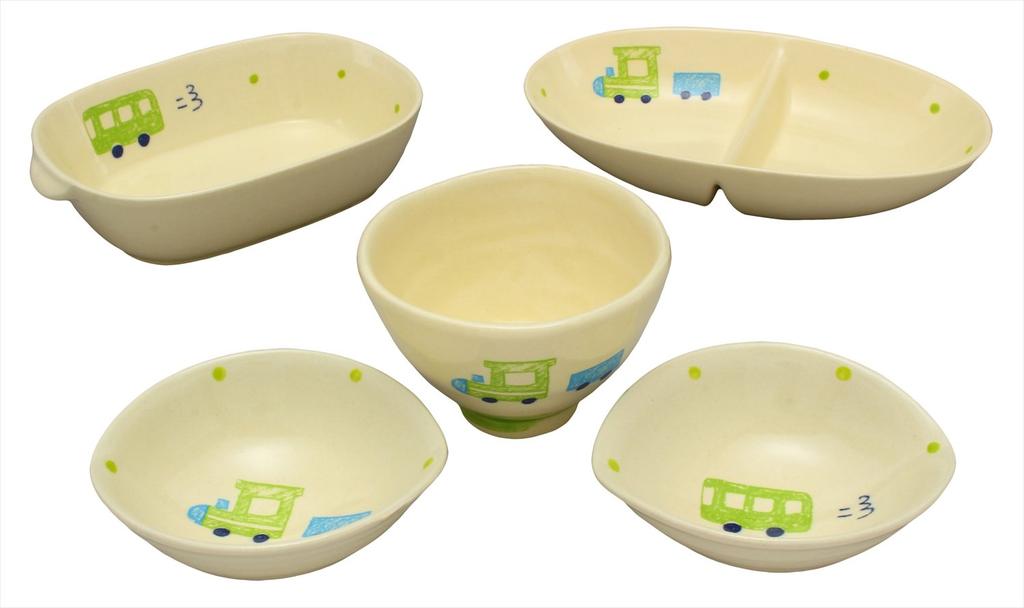 SOUSEN Seto Ware Gift Set of 5 White Plates with Train and Bus Boxed Set Medium-Sized Designs,